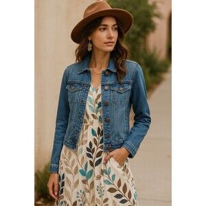 Love Fire Jacket Small Denim Medium Wash Stretch HiLo Tail Pockets Distressed